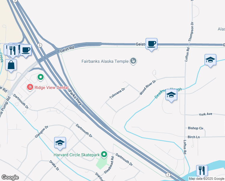 map of restaurants, bars, coffee shops, grocery stores, and more near 4546 Tolovana Drive in Fairbanks