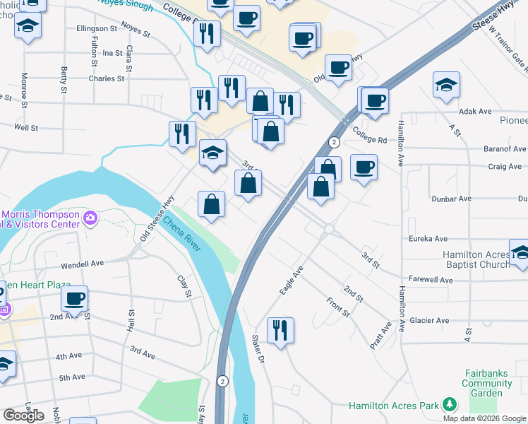 map of restaurants, bars, coffee shops, grocery stores, and more near 326 2nd St in Fairbanks
