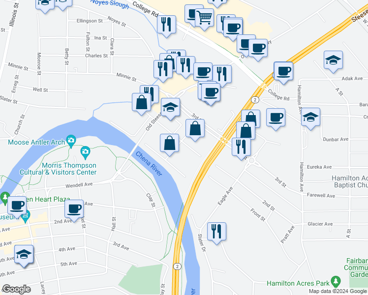map of restaurants, bars, coffee shops, grocery stores, and more near 121 Forty Mile Avenue in Fairbanks