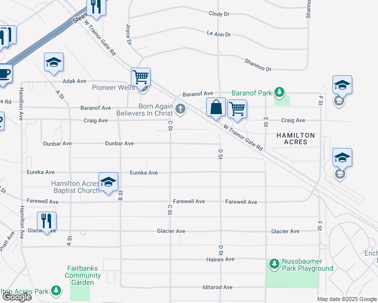 map of restaurants, bars, coffee shops, grocery stores, and more near 315 Dunbar Ave in Fairbanks