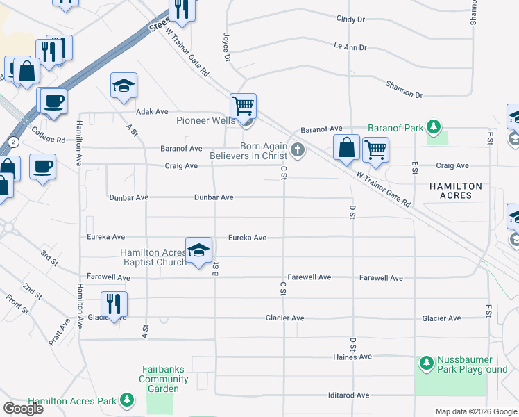 map of restaurants, bars, coffee shops, grocery stores, and more near 221 Dunbar Avenue in Fairbanks
