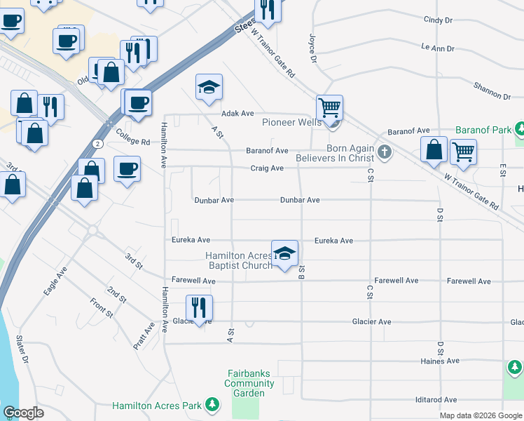 map of restaurants, bars, coffee shops, grocery stores, and more near 121 Dunbar Avenue in Fairbanks