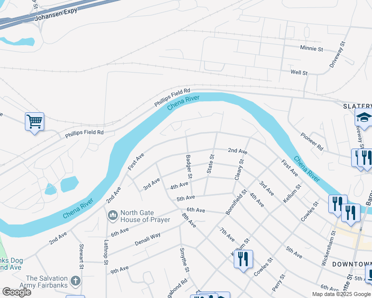 map of restaurants, bars, coffee shops, grocery stores, and more near 104 Badger St in Fairbanks