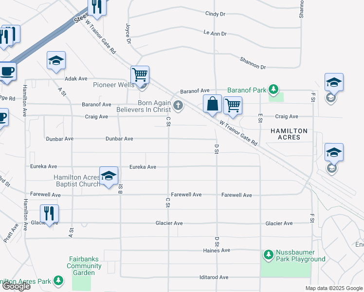 map of restaurants, bars, coffee shops, grocery stores, and more near 315 Dunbar Avenue in Fairbanks