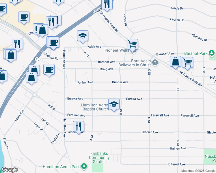 map of restaurants, bars, coffee shops, grocery stores, and more near 125 Dunbar Avenue in Fairbanks