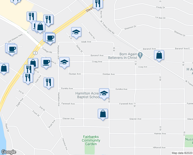 map of restaurants, bars, coffee shops, grocery stores, and more near 125 Dunbar Avenue in Fairbanks