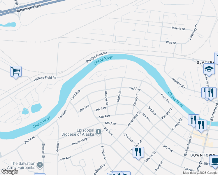 map of restaurants, bars, coffee shops, grocery stores, and more near 1331 1st Avenue in Fairbanks