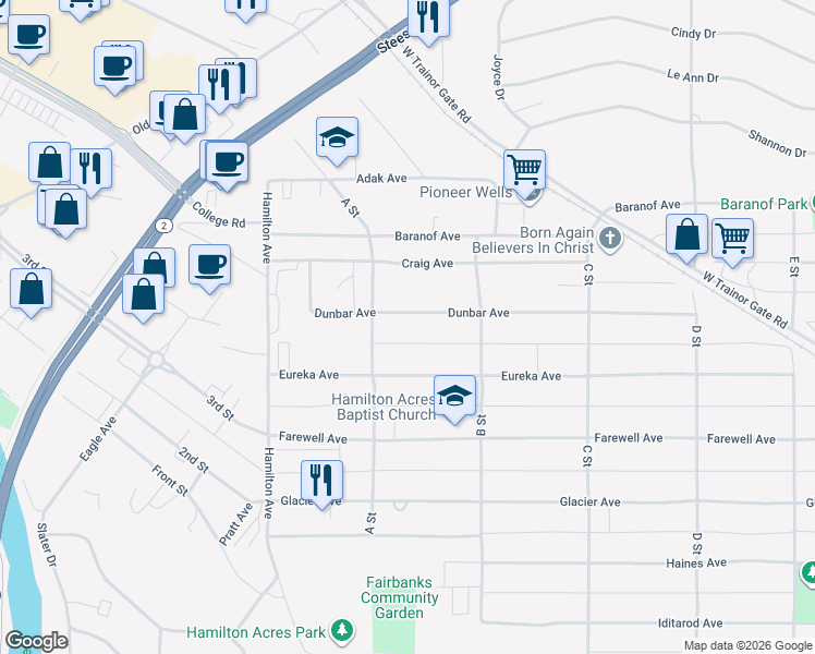map of restaurants, bars, coffee shops, grocery stores, and more near 105 Dunbar Avenue in Fairbanks