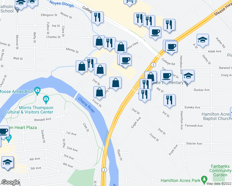 map of restaurants, bars, coffee shops, grocery stores, and more near 318 2nd Street in Fairbanks