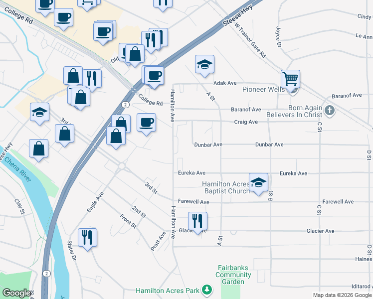 map of restaurants, bars, coffee shops, grocery stores, and more near 397 Hamilton Avenue in Fairbanks