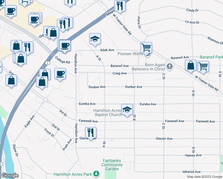 map of restaurants, bars, coffee shops, grocery stores, and more near 105 Dunbar Avenue in Fairbanks