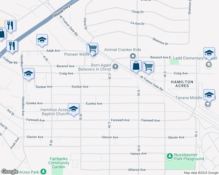 map of restaurants, bars, coffee shops, grocery stores, and more near 500 C Street in Fairbanks