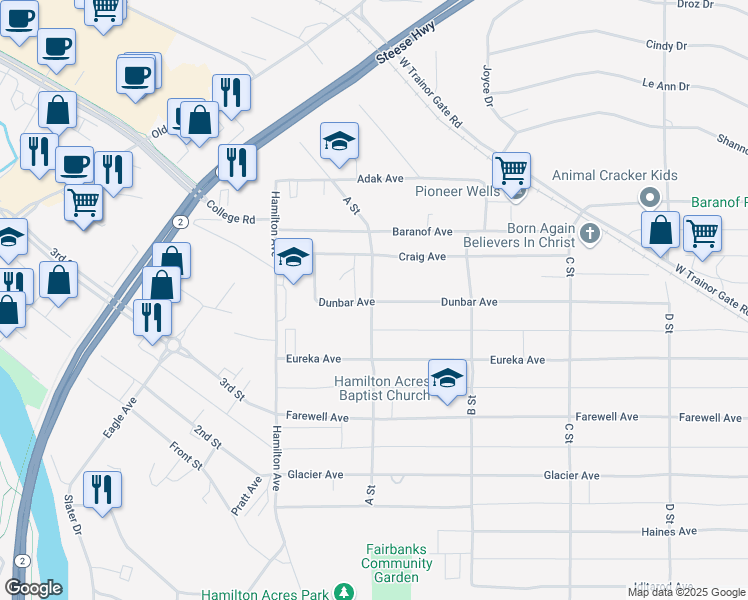 map of restaurants, bars, coffee shops, grocery stores, and more near 417 A Street in Fairbanks