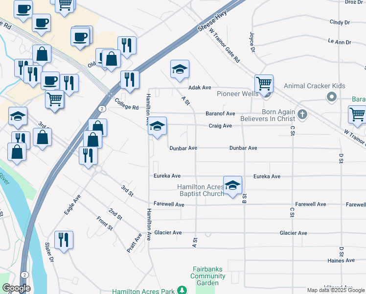 map of restaurants, bars, coffee shops, grocery stores, and more near 88 Dunbar Avenue in Fairbanks