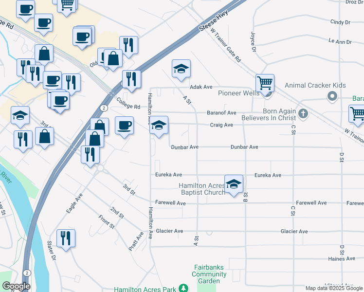 map of restaurants, bars, coffee shops, grocery stores, and more near 88 Dunbar Avenue in Fairbanks