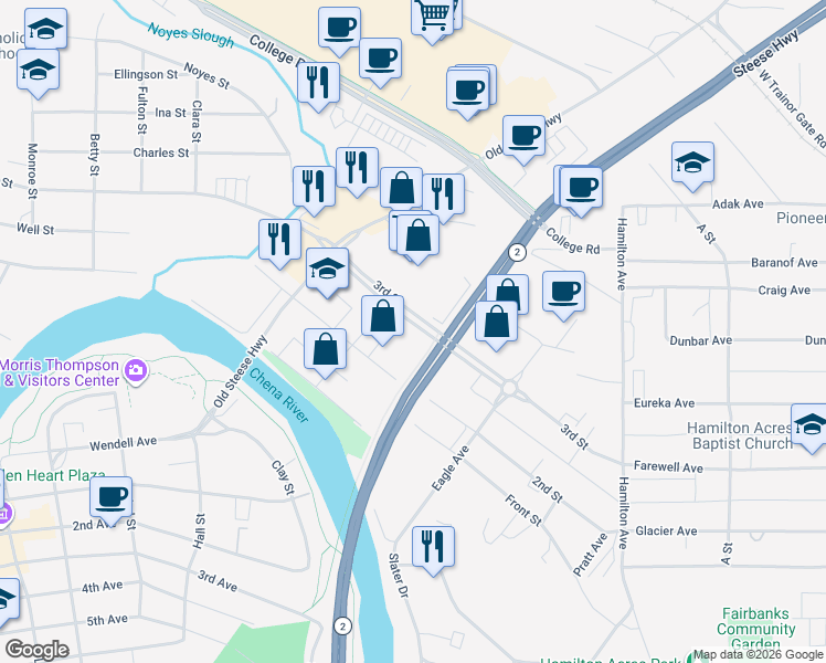 map of restaurants, bars, coffee shops, grocery stores, and more near 326 2nd Street in Fairbanks