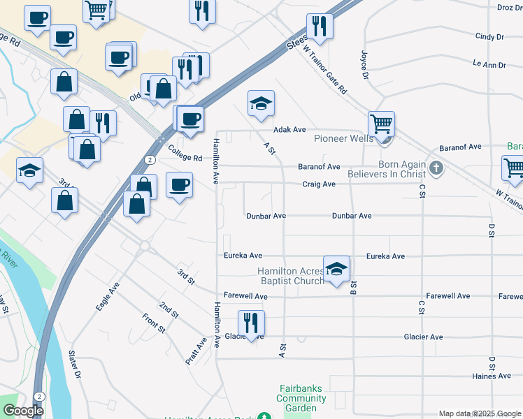 map of restaurants, bars, coffee shops, grocery stores, and more near 88 Dunbar Avenue in Fairbanks