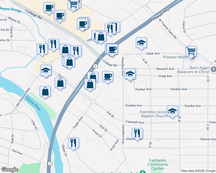 map of restaurants, bars, coffee shops, grocery stores, and more near 540 4th Street in Fairbanks
