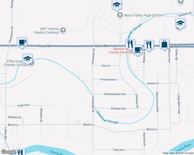 map of restaurants, bars, coffee shops, grocery stores, and more near 4092 Yvonne Avenue in Fairbanks