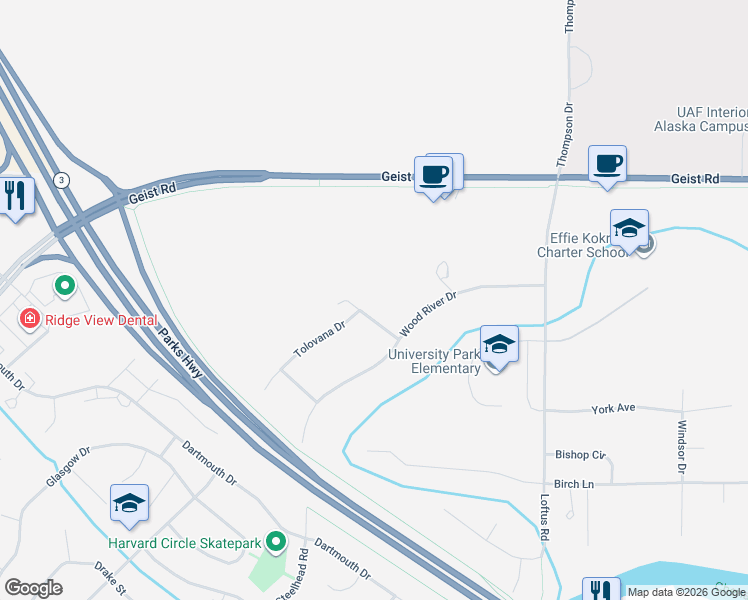 map of restaurants, bars, coffee shops, grocery stores, and more near 710 Waves Road in Fairbanks