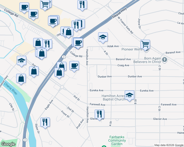 map of restaurants, bars, coffee shops, grocery stores, and more near 397 Hamilton Avenue in Fairbanks