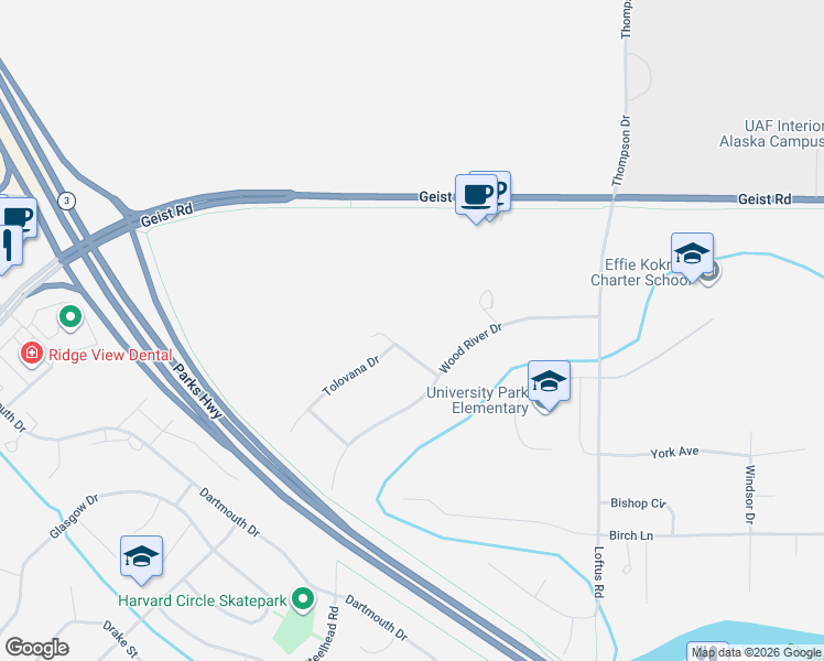 map of restaurants, bars, coffee shops, grocery stores, and more near 710 Waves Road in Fairbanks