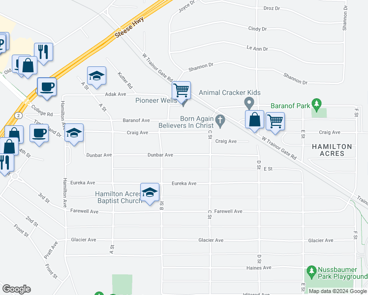 map of restaurants, bars, coffee shops, grocery stores, and more near 216 Dunbar Avenue in Fairbanks