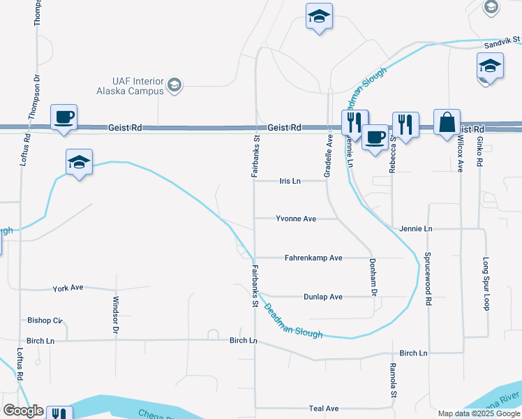map of restaurants, bars, coffee shops, grocery stores, and more near 4094 Yvonne Avenue in Fairbanks