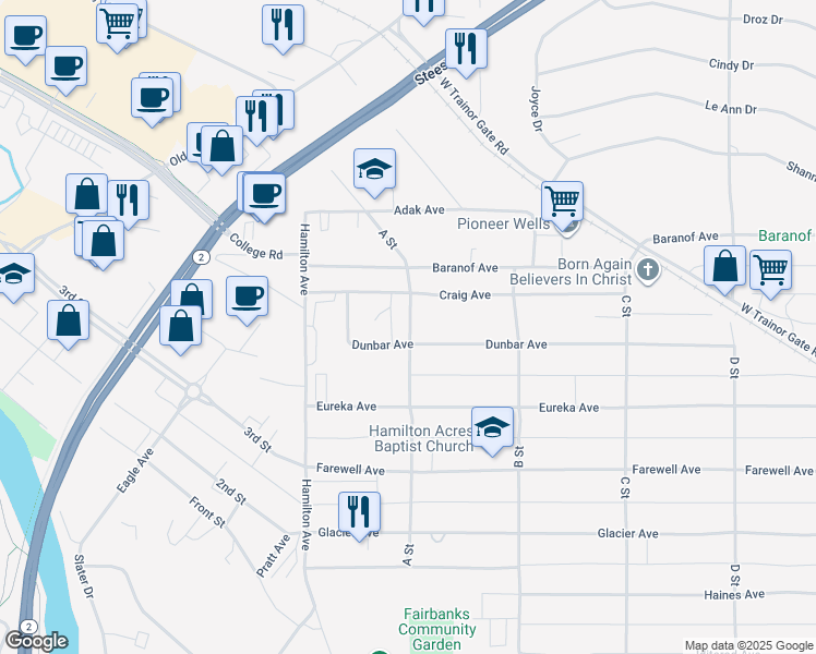 map of restaurants, bars, coffee shops, grocery stores, and more near 417 A Street in Fairbanks