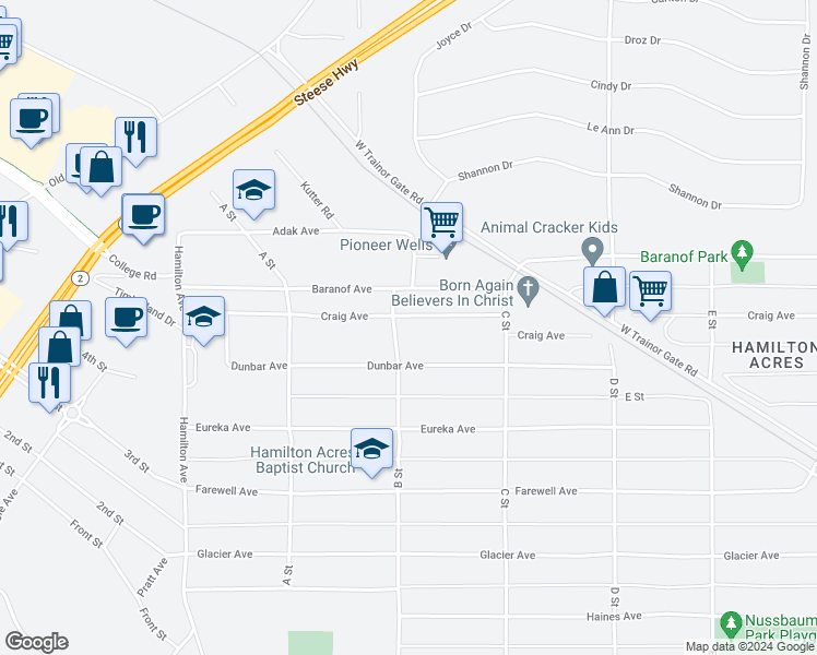 map of restaurants, bars, coffee shops, grocery stores, and more near 600 B Street in Fairbanks