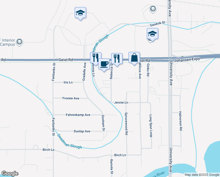 map of restaurants, bars, coffee shops, grocery stores, and more near 650 Rebecca Street in Fairbanks