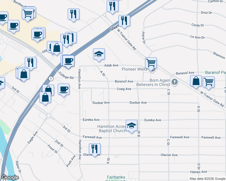 map of restaurants, bars, coffee shops, grocery stores, and more near in Fairbanks