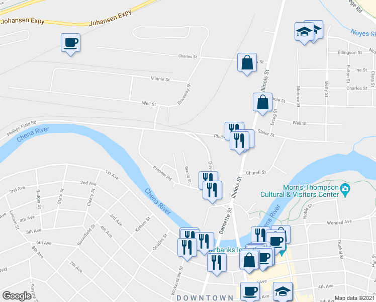 map of restaurants, bars, coffee shops, grocery stores, and more near 345 Brandt Street in Fairbanks