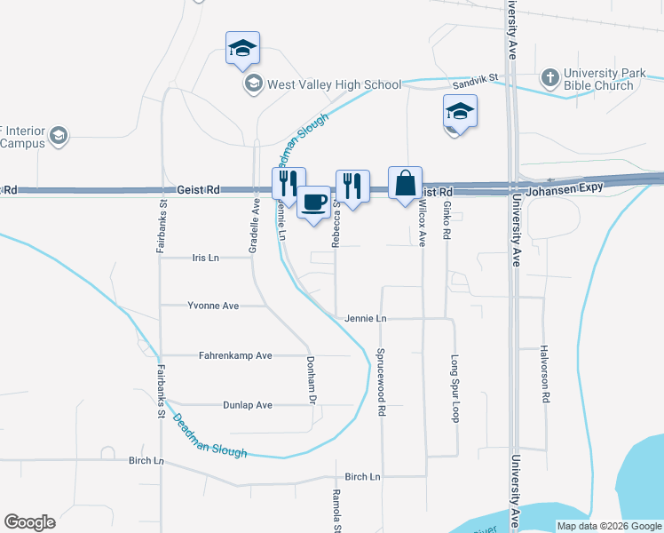 map of restaurants, bars, coffee shops, grocery stores, and more near 650 Rebecca Street in Fairbanks