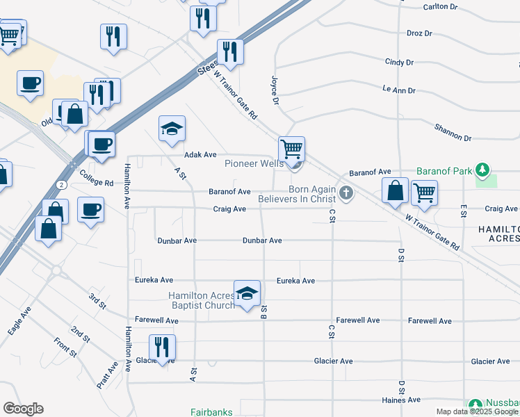 map of restaurants, bars, coffee shops, grocery stores, and more near 607 B Street in Fairbanks