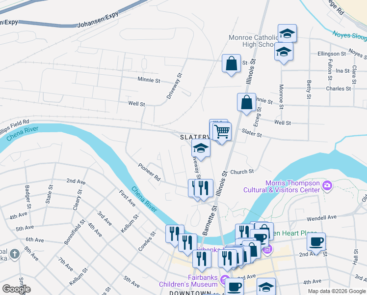 map of restaurants, bars, coffee shops, grocery stores, and more near 345 Brandt Street in Fairbanks