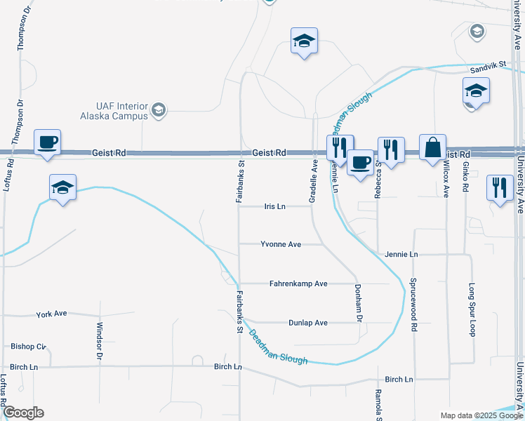 map of restaurants, bars, coffee shops, grocery stores, and more near 4085 Iris Lane in Fairbanks