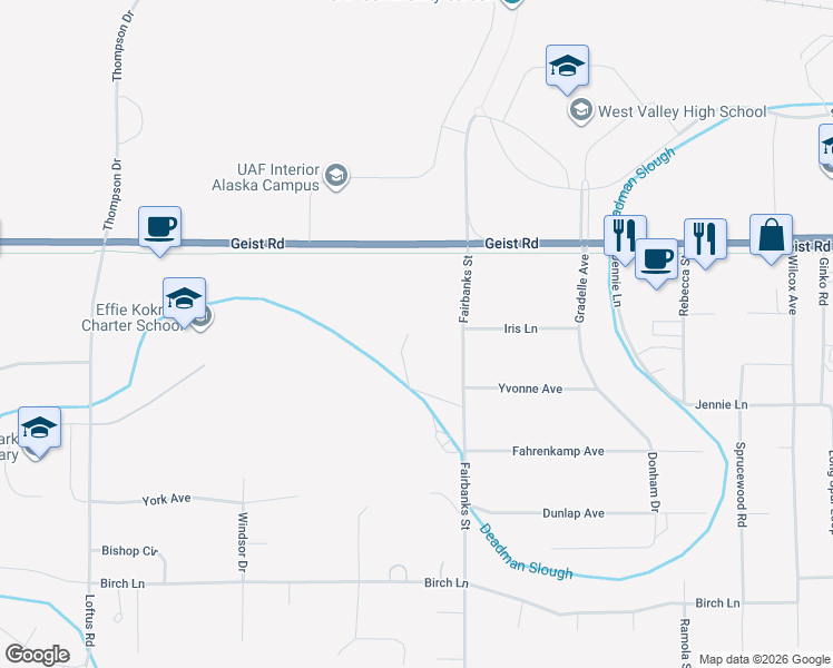 map of restaurants, bars, coffee shops, grocery stores, and more near 700 Fairbanks Street in Fairbanks