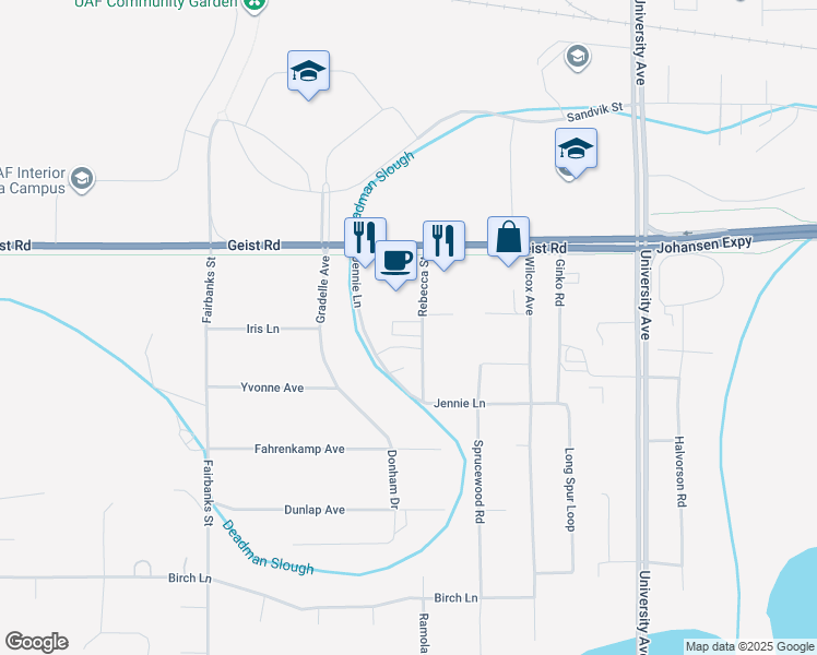 map of restaurants, bars, coffee shops, grocery stores, and more near 650 Rebecca Street in Fairbanks