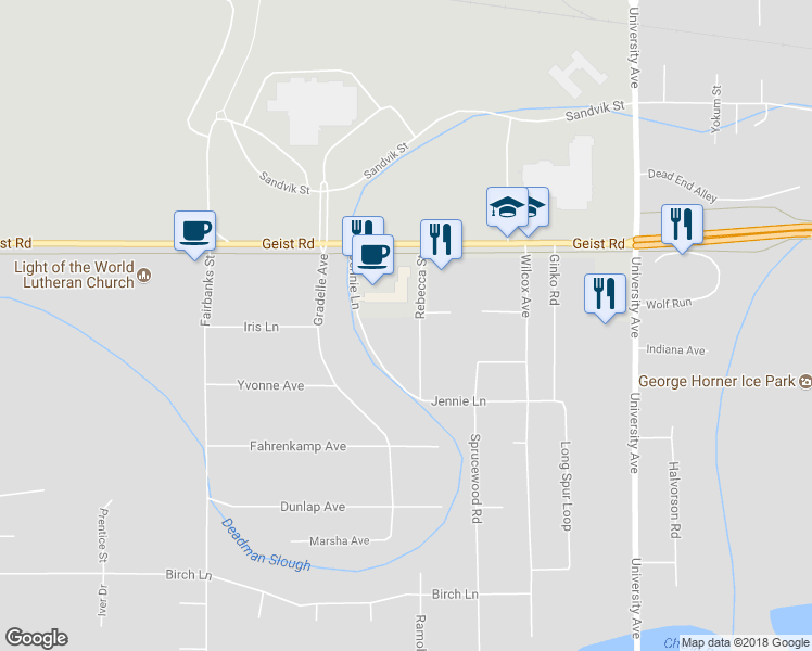 map of restaurants, bars, coffee shops, grocery stores, and more near 650 Rebecca Street in Fairbanks