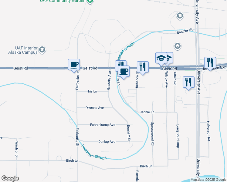 map of restaurants, bars, coffee shops, grocery stores, and more near 703 Gradelle Avenue in Fairbanks