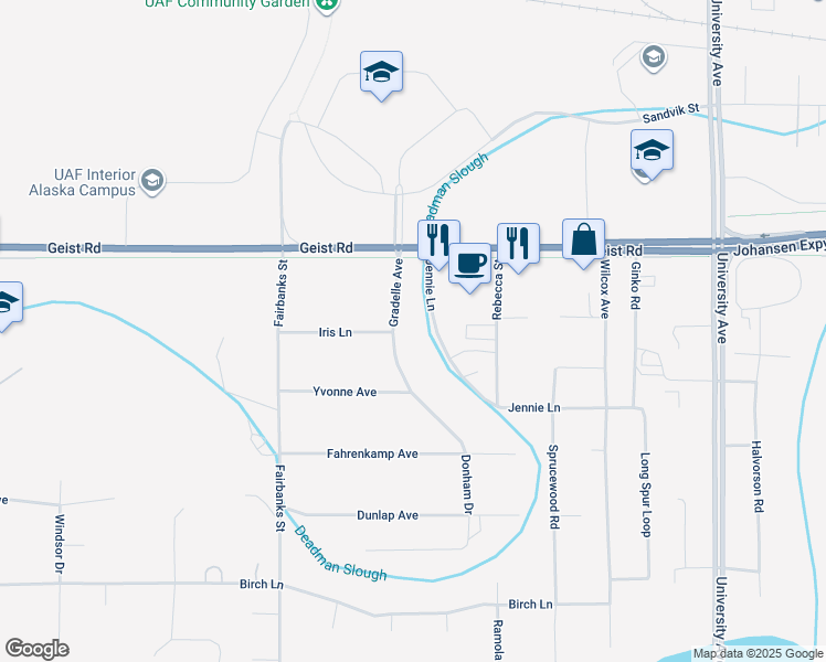 map of restaurants, bars, coffee shops, grocery stores, and more near 703 Gradelle Avenue in Fairbanks