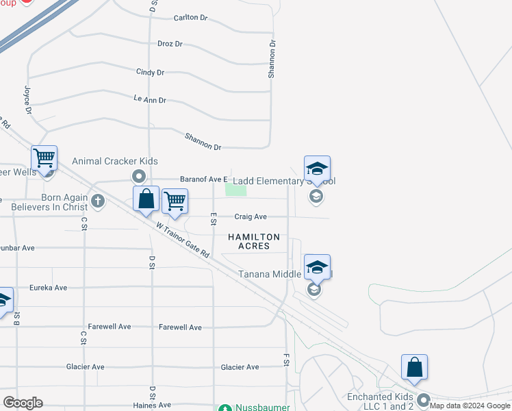 map of restaurants, bars, coffee shops, grocery stores, and more near 524 Craig Avenue in Fairbanks