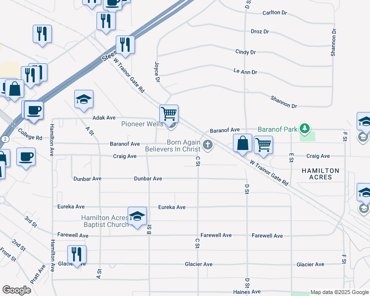map of restaurants, bars, coffee shops, grocery stores, and more near 224 Craig Avenue in Fairbanks