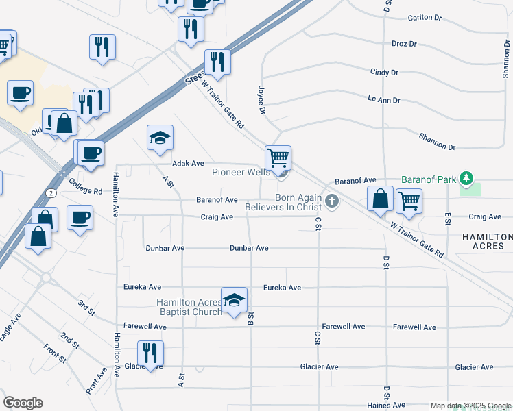 map of restaurants, bars, coffee shops, grocery stores, and more near 202 Craig Avenue in Fairbanks