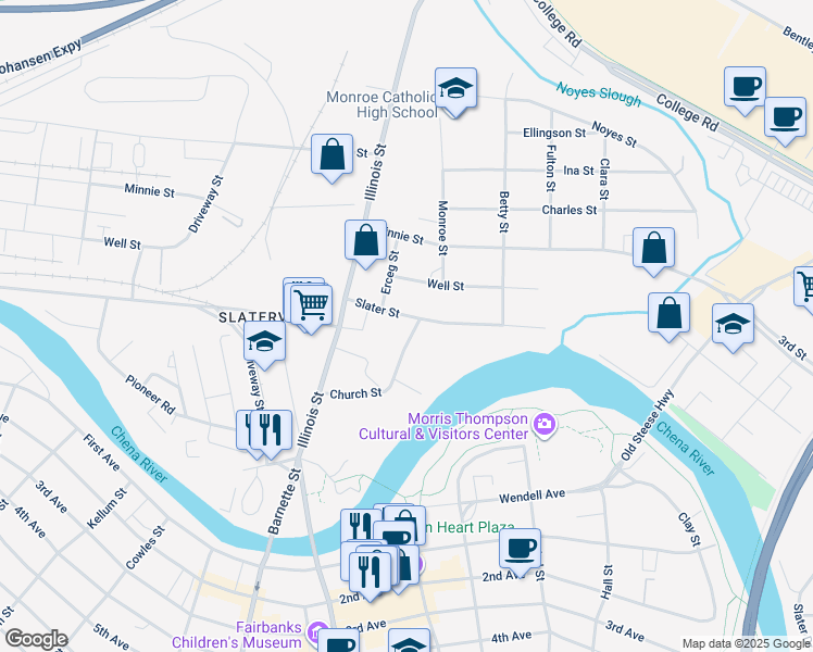 map of restaurants, bars, coffee shops, grocery stores, and more near 359 Slater Street in Fairbanks