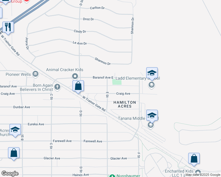 map of restaurants, bars, coffee shops, grocery stores, and more near 500 Craig Avenue in Fairbanks