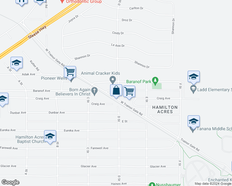 map of restaurants, bars, coffee shops, grocery stores, and more near 600 D Street in Fairbanks