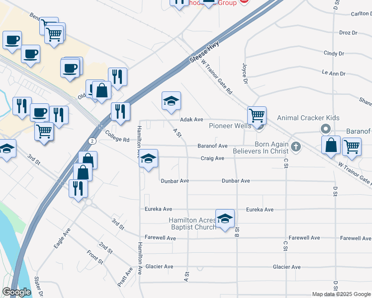 map of restaurants, bars, coffee shops, grocery stores, and more near 627 A Street in Fairbanks