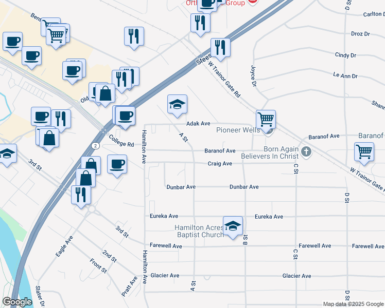 map of restaurants, bars, coffee shops, grocery stores, and more near 627 A Street in Fairbanks